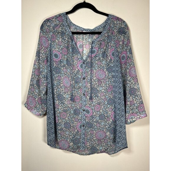 J. Jill Tops - J. JILL Floral Sheer 3/4 Sleeve Blouse Blue Tie Size Medium Boho Cottagecore‎